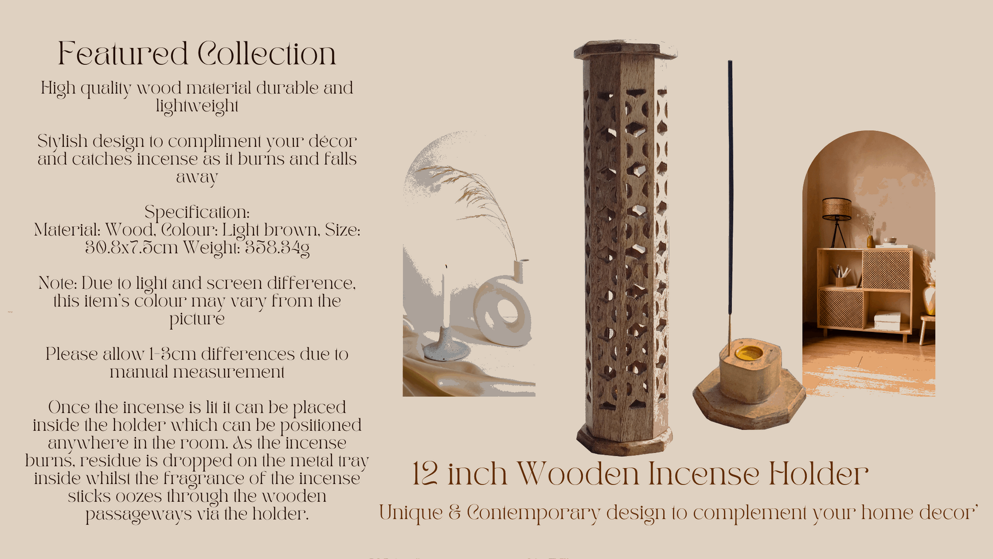 12-inch natural wooden style incense tower holder