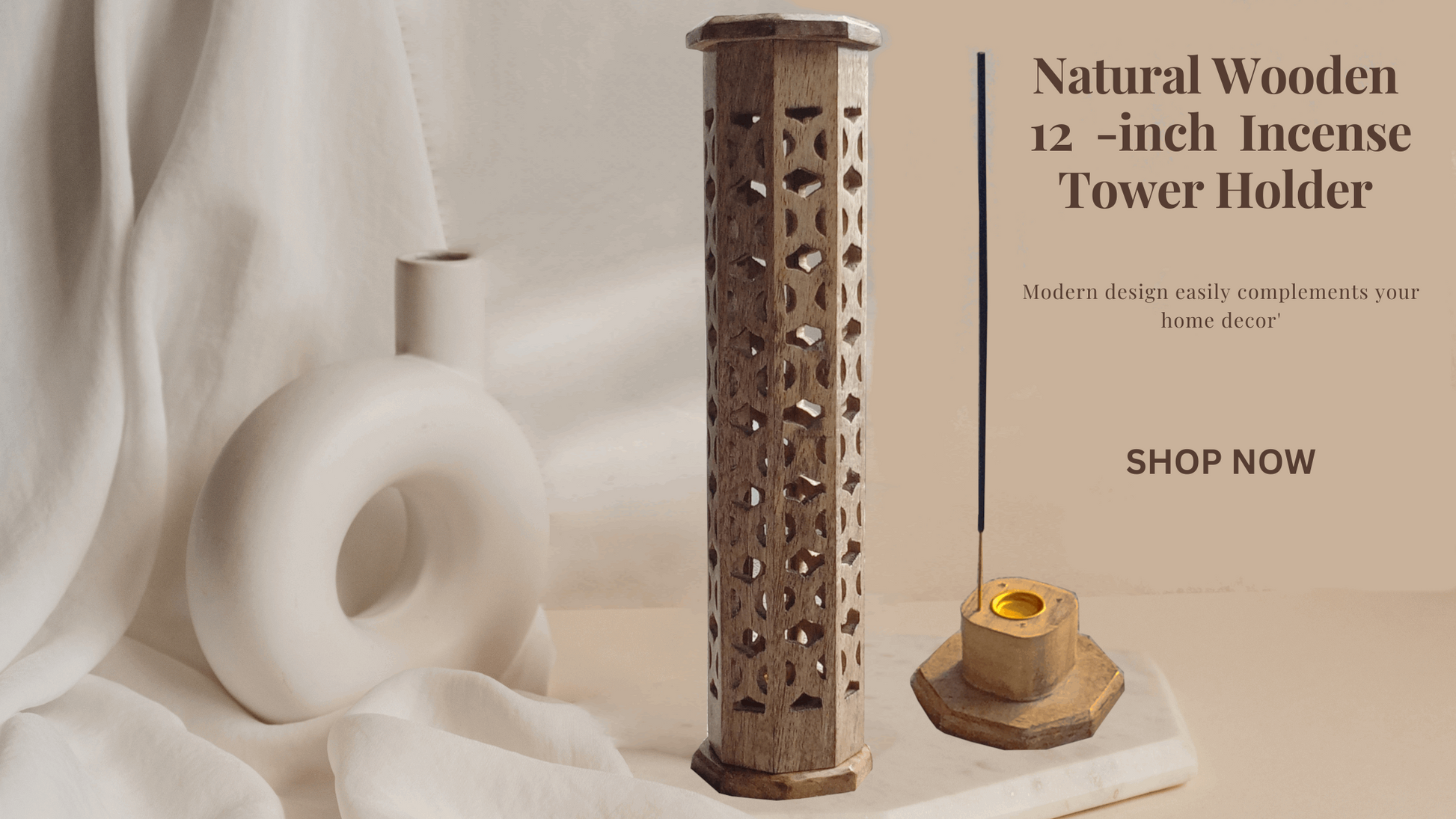 12-inch natural wooden style incense tower holder