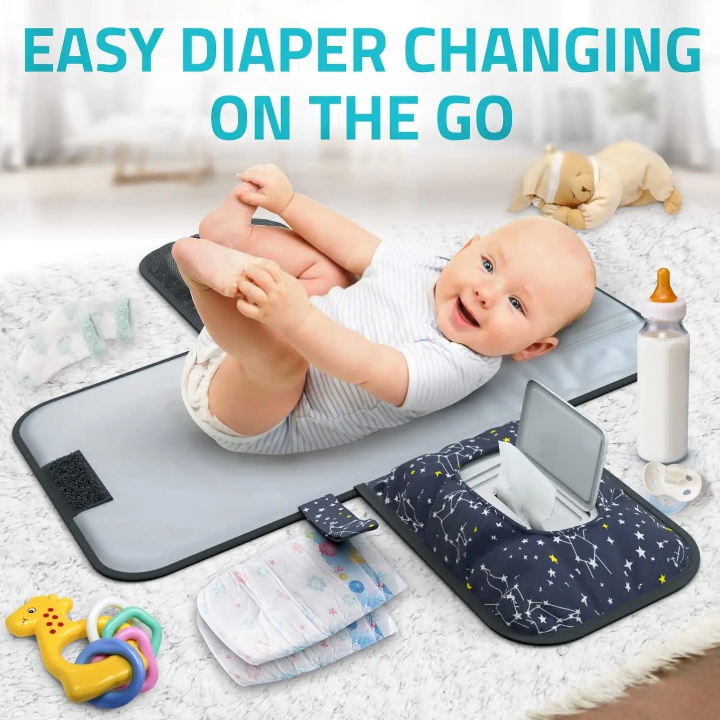 Portable Baby Diaper Changing Pad - w/ Soft Built-in Pillow & Strap for Strollers - Comfortable, Lightweight & Waterproof - Made with Premium Materials - Great for Newborn Girls & Boys & for Travel