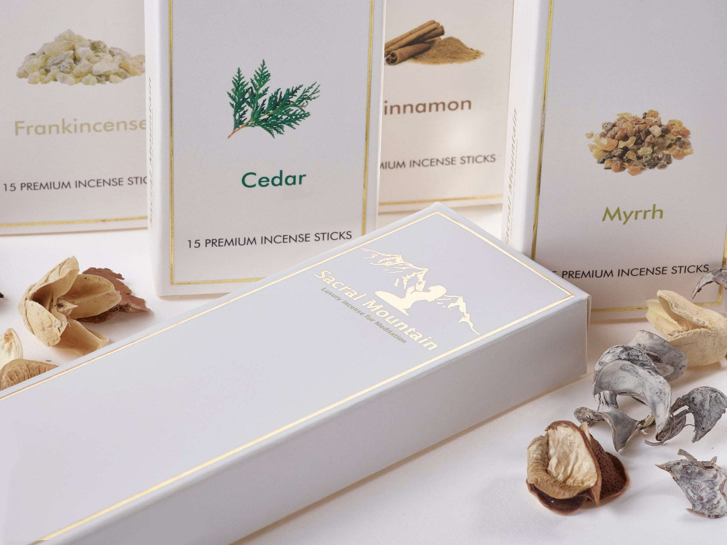 Meditation Gift Set with Natural Bamboo Wooden Holder, Home Decor, includes x4 packs of calming Incense sticks; Frankincense, Myrrh, Cedar & Cinnamon, by Sacral Mountain