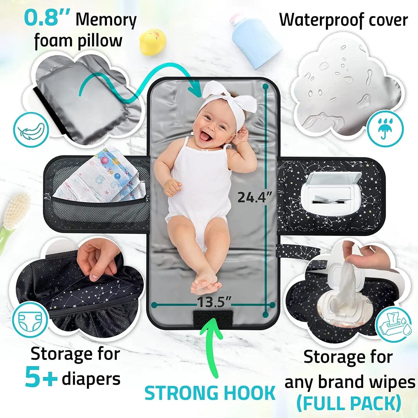 Portable Baby Diaper Changing Pad - w/ Soft Built-in Pillow & Strap for Strollers - Comfortable, Lightweight & Waterproof - Made with Premium Materials - Great for Newborn Girls & Boys & for Travel